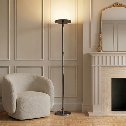 Image of Brightech Sky LED Floor lamp, Torchiere Super Bright Floor Lamp for Living Rooms & Offices - Dimmable, Tall Standing Lamp for Bedroom Reading - Black Chrome