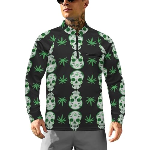 Green Skull and Marijuana Men's Rash Guard Long Sleeves Quick Dry Fishing Workout Shirts with Zipper
