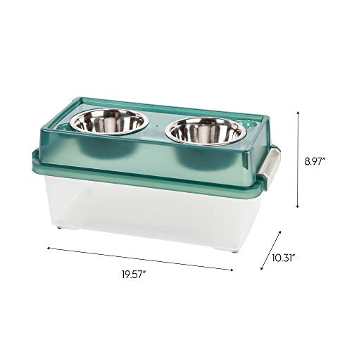 Iris Usa 13 Lbs./12 Qt. Medium Elevated Feeder With Weatherpro Airtight Pet Food Storage Container, Dry Food Bin With Removable Dog Bowls In Lid, At Home Or Camping Pet Food Container, Green #TOP1