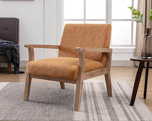 Cimota Mid Century Modern Accent Chair Leather Armchair Comfy Living Room Chair With Wood Frame, Upholstered Reading Arm Chair For Bedroom/Living Room/Guest Room, Retro Tan Pu #TOP14