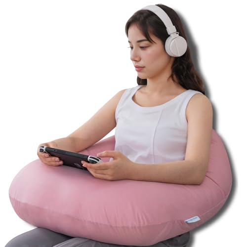 Image of QUEEN ROSE Reading Pillow for Gaming, Lap Desk Pillow for Sitting in Bed or Sofa, Compact Arm Support Pillow for Reading, Playing or Crocheting, Cooling Pink