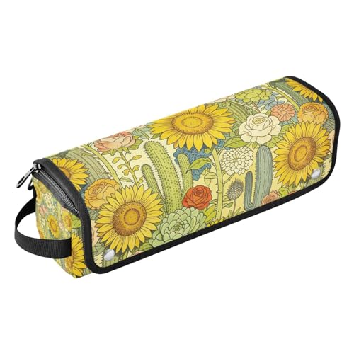 Bolsa de viaje para herramientas de cabello para mujeres y tapete resistente al calor, estuche impermeable para planchas, rizadores y organizador portátil estilo bohemio occidental con girasoles y cactus miniatura 1