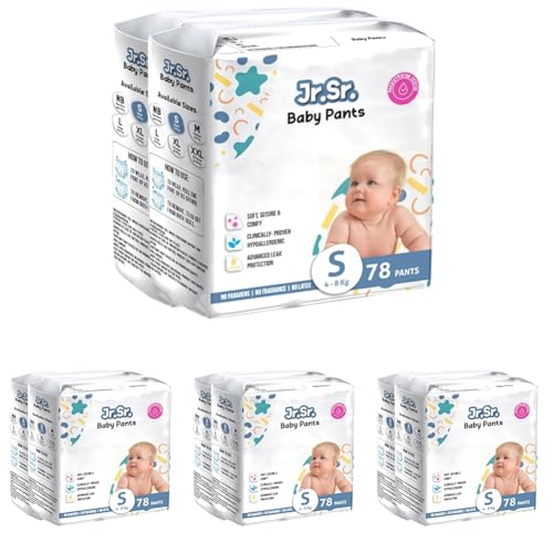 Image of Jr. Sr. Baby Diaper Pants | Small (S) Size (4-8 kg), 156 Count | Pack of 8 | Upto 12 hr Absorption with Advanced Leak Protection | Safe For Babies Skin | Soft, Secure & Comfy