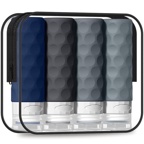 Image of Silevoler Travel Bottles for Toiletries, 4pcs Tsa Approved 3oz Travel Size Containers, BPA Free Leak Proof Premium Silicone Bottles, Refillable Liquid Squeezable Accessories W /Toiletry Bag (Navy Blue)