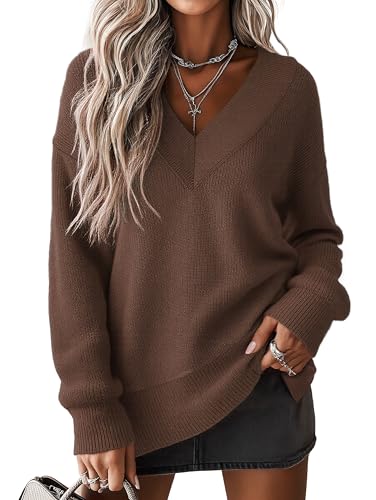 Jouica Womens Sweater V Neck Long Sleeve Cotton Sweaters for Women Fashion Pullover Tops 2025 Fall Outfits,Coffee,X-Large