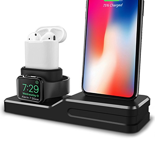 3 in 1 Premium Silicone Stand Compatible iPhone AirPods Apple Watch Charging Dock Station Holder, Compatible Apple Watch Series 4/3/2/1/AirPods, Compatible iPhone Xs MAX/XR/X/8 Plus/7 Plus Black