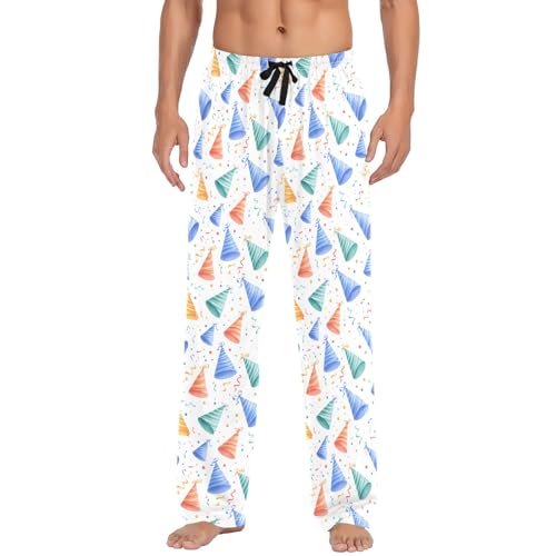 Mens Cotton Pajama Pants Sleep Lounge Pj Bottoms Sleepwear with Pockets Drawstring S Party Hat Ribbons2