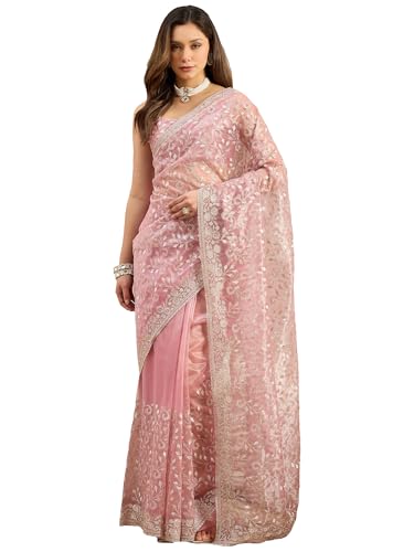Image of AKHILAM Women's Net Embroidered Saree With Unstitched Blouse Piece