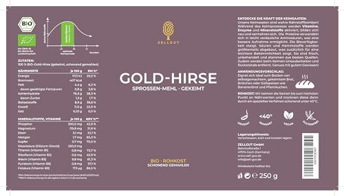 ZELLGUT© Bio Gold HIRSE Sprossen-Mehl 250g • GEKEIMT • Basisch • 100% ROHKOST-QUALITÄT • GLUTENFREI • GEMAHLEN • Aus EU-Bio-Landwirtschaft als MEHL zum BACKEN von Brot, zum kochen, MÜSLI, Smoothie