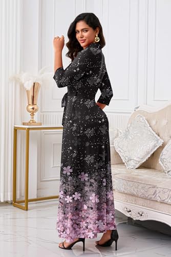 Image of Runwind Women Church Maxi Dresses 3 /4 Sleeve Button Down Print Casual Office Dress African