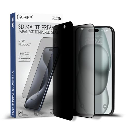 Image of GRIPP Matte Privacy Tempered Glass Screen Protector for iPhone 15 (6.1 inch), Anti-Glare, Anti-Spy Protection, 2.5D Round Edges, Scratch-Resistant, 9H Hardness, Bubble Free