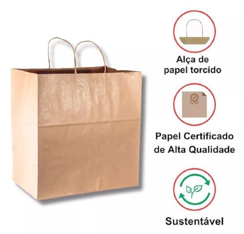 Sacola De Papel Para Presente Kraft Lisa Na Cor Pardo - Tamanho G 30x32x19 Cm Delivery Food com Alça