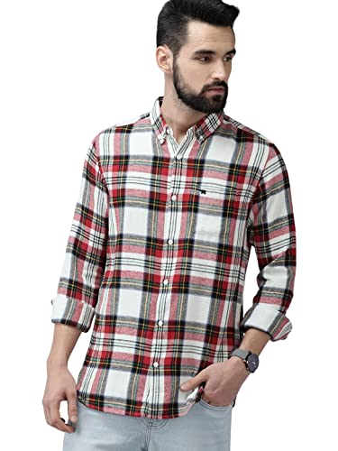 Image of THE Bear House Men's Cotton White & Red Slim Fit Checked Cotton Flannel Casual Shirt