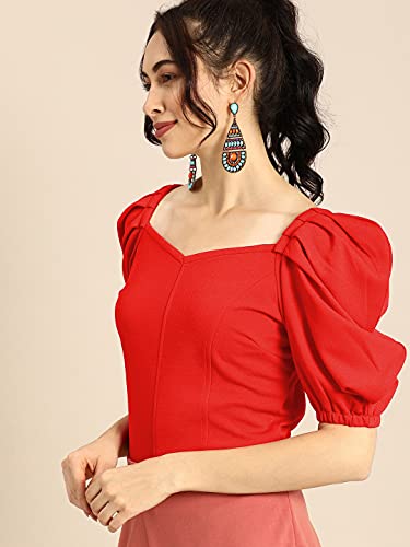 Image of Lymio Women's Crop Red Color V Neck Half Sleeve Polyester Solid Top
