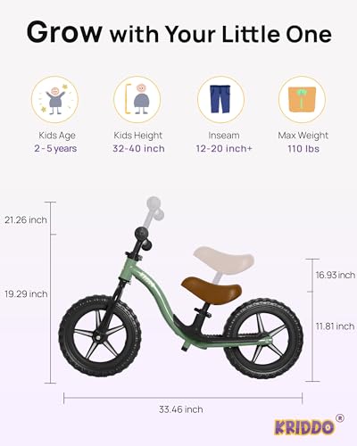 Image of KRIDDO Toddler Balance Bike 2 Year Old, Colorful Lighting Kids Balance Bike for 2-5 Years Old, 12 Inch Balance Bicycle with Bell, Tool-Free, Adjustable Seat, Handlebar, Gift for 2-3 Boys Girls