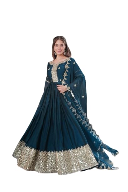 FORTEO Fashion Women's Solid Embroidery Work Faux Georgette Gown with Duppata Set Demandebal Gown for Party // Ethnic Wear Beautiful Heavy-picture-16