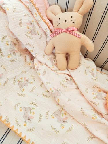 Image of Double Layered 100% Cotton Muslin Baby Blanket Ultra-Soft 40x40 Inch Swaddling Nursery Crib Blanket (Garden Bunny)