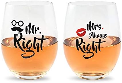 Vino O'clock Mr Right and Mrs Always Right Wine Glasses Gift Set For Bridal Shower, Married Couples, Weddings, Engagements, Newlyweds, Anniversary / 16oz