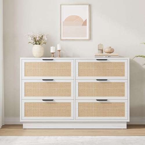 Image of Garvee 6 Drawer Rattan Dresser for Bedroom, 47" Wide Boho Chest of Drawers with Integrated Cabinet Body & Legs Design, Wooden Dressers Organizer for Hallways, Entryways, Closet, White