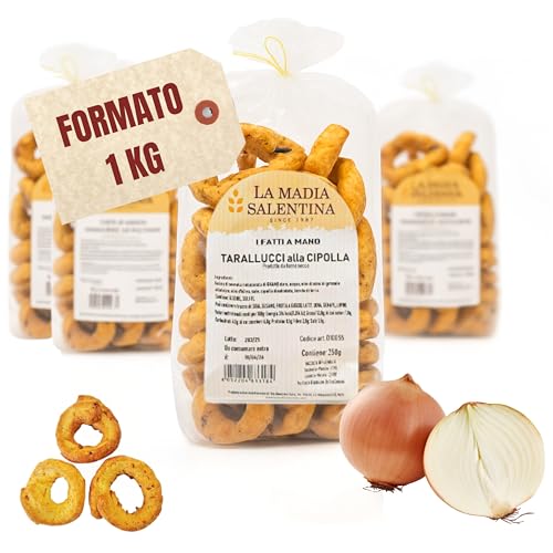 Tarallucci Salentini alla Cipolla 1 Kg, Artigianali al Forno - Taralli Pugliesi Croccanti Tradizionali del Salento - Tarallini Snack Salato Tipico della Puglia (4x250g, Cipolla)