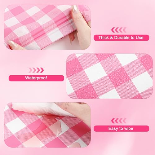 Image of Kochorie 54 Inch x 300 Ft Light Pink Checkered Plastic Table Cloth Roll Disposable Waterproof Table Cover Plastic Table Cover Roll with Easy Slide Cutter for Outdoor Picnic /Home Dining /Spring Party