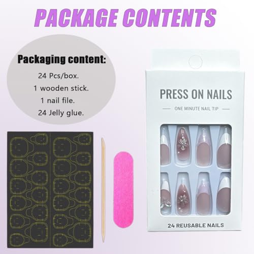 Nzraestrs French Tip Press On Nails Medium Length Flower Fake Nails With Charms Butterfly False Nails Almond Shape Reusable French Acrylic Nails Butterflies Glue On Nails For Women Girls Manicure Art 24Pcs thumb #4