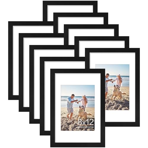 decorUhome 8x12 Picture Frame, Display Pictures 6x8 with Mat or 8x12 without Mat, Wall & Tabletop Display Photo Frame, Black, 10 Pack