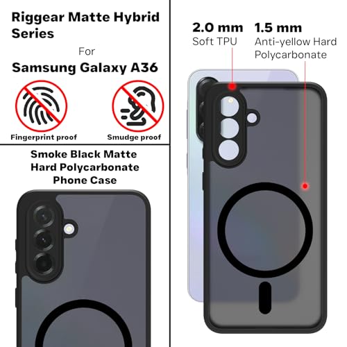 Image of RIGGEAR Shockproof Sleek Hybrid Armor Magnetic Back Cover Case Compatible with MagSafe Accessories for Samsung Galaxy A36 5G (Smoke Black Matte PC + Black TPU Bumper)