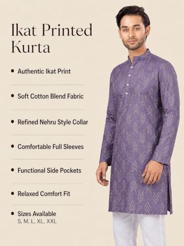Image of Studio Shringaar Men's Cotton Blend Relaxed Fit Ikat Printed Knee Length Kurta