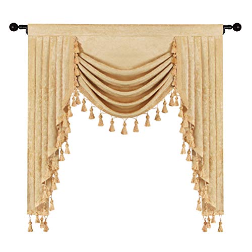 ELKCA Thick Chenille Window Curtains Valance for Living Room Luxury Gold Waterfall Valance for Bedroom,Rod Pocket (W39,1 Panel)