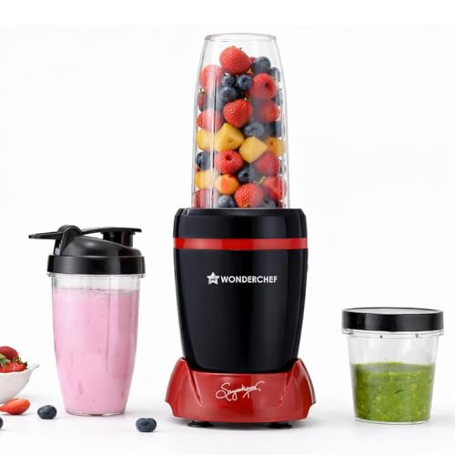 Image of Wonderchef Nutri-Blend Turbo 750W Mixer Grinder Blender Smoothie Maker, 22000 RPM, 3 Jars, Stainless-Steel Blades, Sipper Jar & Lid, 2-Yr Warranty, FREE Recipe Book by Chef Sanjeev Kapoor, Black & Red