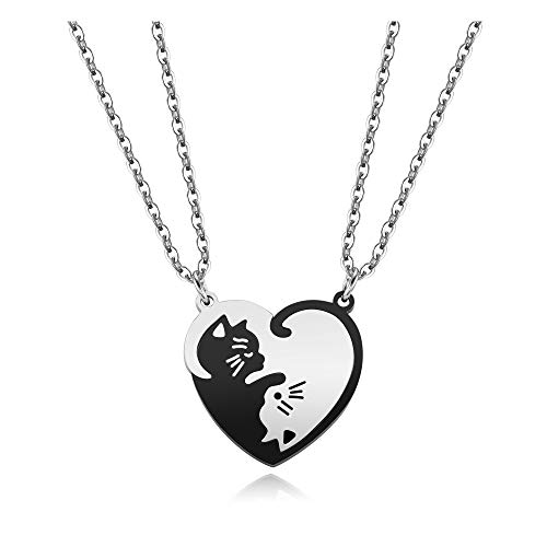 PiercingJ - 2 joyas con colgante de rompecabezas, diseño de corazón separable, gato, acero inoxidable, amistad enamorada, pareja con 2 cadenas, Acero inoxidable Cover
