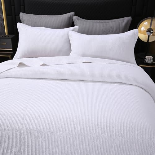 ROOMLIFE Quilt Set King Size 3D Floral Embroidery Pattern 3-Piece Cotton Reversible Quilted Embroidered Decorative Bedspreads Coverlet Bedding Set, Lightweight &Soft, All Season(106" X 92") White