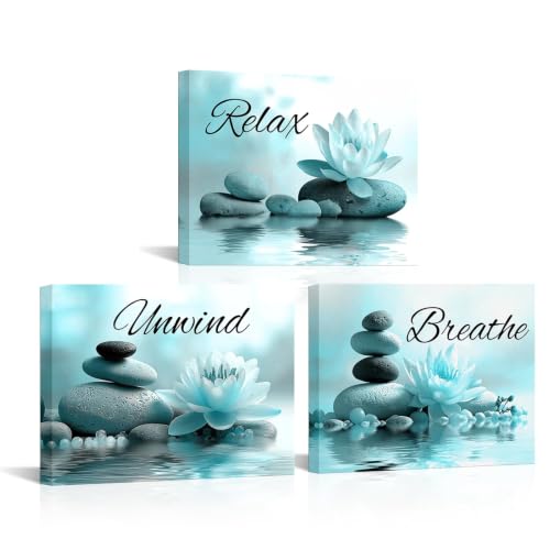 FuShvre Zen Spa Wall Decor Teal Bathroom Art Pictures Set Relax Unwind Breathe Canvas Art with Lotus Flower Painting Prints Framed 12x16 inches each panel (Teal)