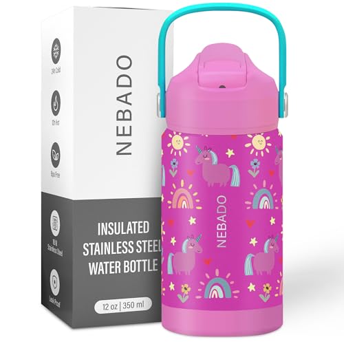 Image of Kids Stainless Steel Insulated Water Bottle with Straw 12oz - Leak Proof Toddler Insulated Cup for School, BPA Free with Handle & Non-Slip Silicone Base, Dishwasher Safe, Whimsical Pink