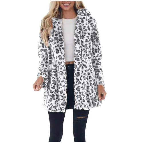 Image of Flodxo Faux Fur Coat Women Leopard Print Winter Long Jackets Plus Size Fleece Fluffy Shacket Warm and Cosy Overcoat Soft Elegant Casual Trench Coat Open Front Longline Cardigans White L