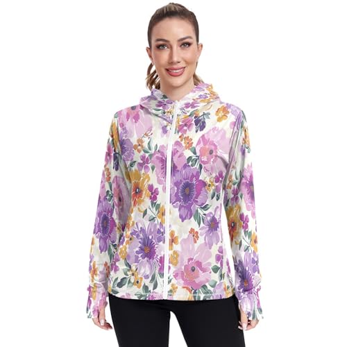Kigai Flower Women's UPF 50+ Sun Protection Hoodie Jacket with Pocket Zip Long Sleeve Sun Shirt for Gardening Hiking Outdoor