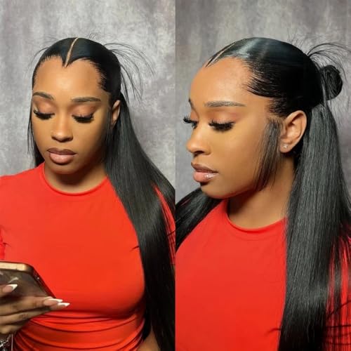 Lagos M Shaped Wig Silky Straight Glueless Wig 150% Density New Trend Lagos Hairline Human Hair Pre Plucked Vietnamese Raw Hair 13x6 HD Invisible Lace Front Wigs with Bleached Knots 26 Inch