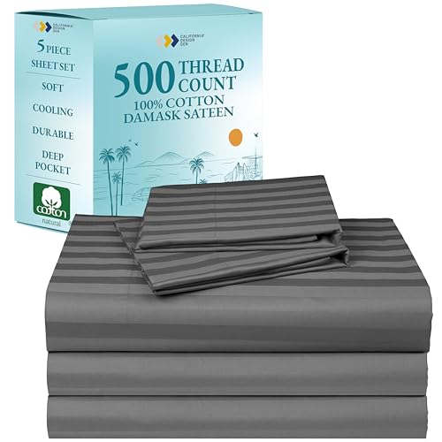 Luxury Split King Size Sheets For Adjustable Bed, 100% Cotton 500 Thread Count, Snug Fit, 5Pc Set With 2 Twin-Xl Fitted Sheets, Damask Stripe Sheet Sets & Pillowcases (Split King, Stripe - Dark Gray)