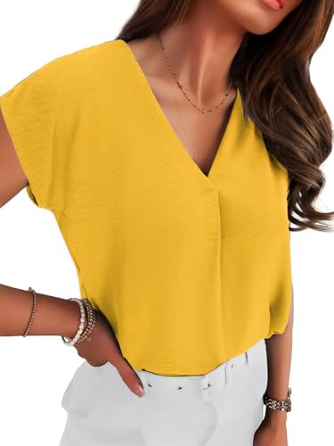 Totatuit Women V Neck Chiffon Blouses Cap Sleeve Loose Dressy Casual Shirts