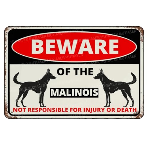 MUYIASER Beware Of The Dog Malinois Sign Aluminum Metal Tin Signs Outdoor Yard Sign Warning Sign For Fence Yard Home Kitchen Farm Garden Wall Decor 8x12 Inch