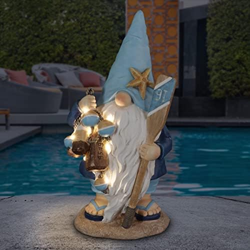 Exhart Garden Gnome, Solar Beach Garden Sculpture with Oar, LED Lights, Outdoor Lawn and Yard Decoration, 6.5 x 5.5 x 13 Inch