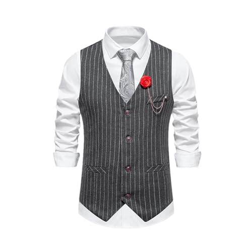 Mnjyihy Men's Retro Tweed Suit Vest Fashion Striped Business Dress V Neck 2 Pockets Chain Wedding Party Waistcoat