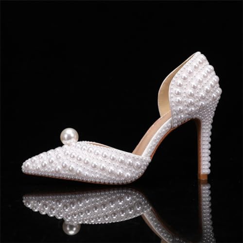 Goolita Women's Closed Pointed Toe Full Pearl Heels D'Orsay Pumps Stiletto High Heels Slip On Evening Bridal Shoes for Wedding2