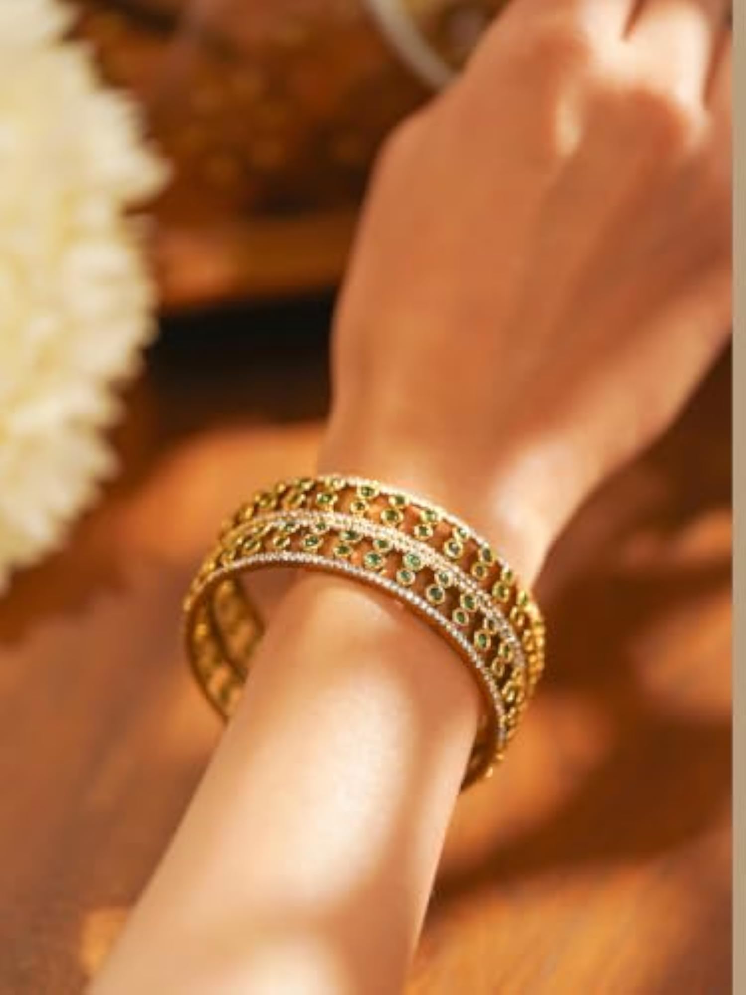 Gold Plated Emerald Green Zirconia Bridal Bangles Set