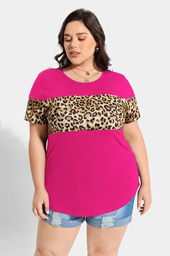 Image of CARCOS Plus Size Tops for Women Short Sleeve Summer Pullover Color Block Crewneck /V Neck Tee Tunic Loose Fit Tshirts XL-5XL
