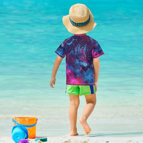 Boys Short Sleeve T-Shirts Galaxy Wolf Starry Sky Rashguard Kids Swim Shirts Sun UPF 50+4