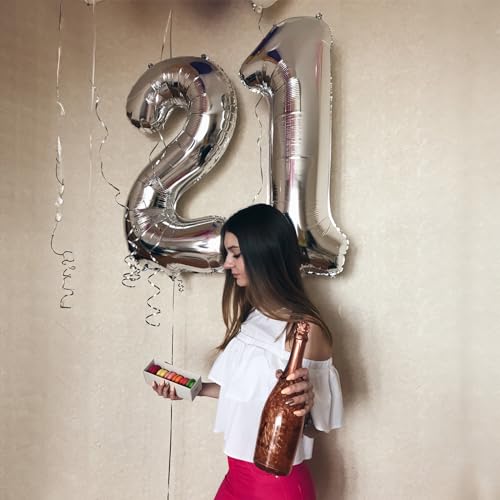 Image of 21 Balloons Number, Giant Silver Number 2 & 1 Helium Foil Balloon for Women 21st Birthday Decor, 40 Inch Self Inflating Mylar Number 21 Balloons for Man Anniversary Party Decorations Supplies