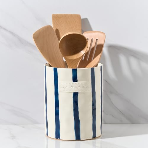 JIEMEI HOME Kitchen Utensil Holder, 7.2" Ceramic Stable Utensil Crock for Countertop, Modern Minimalism Style Cooking Tool Organizer with Cork Mat, Spatula Holder For Kitchen Decor, Blue stripes by JH JIEMEI HOME - Used condition - US$30.39