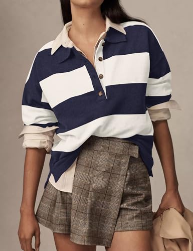 Image of Womens Striped Sweater Rugby Polo Shirts Y2k Collar Pullover Tops | Rugby Shirt,Long Sleeve Knit Top,Lapel V Neck Jumper,Oversized,Casual Outings Streetwear,Preppy Sweater,Fall Winter Clothes